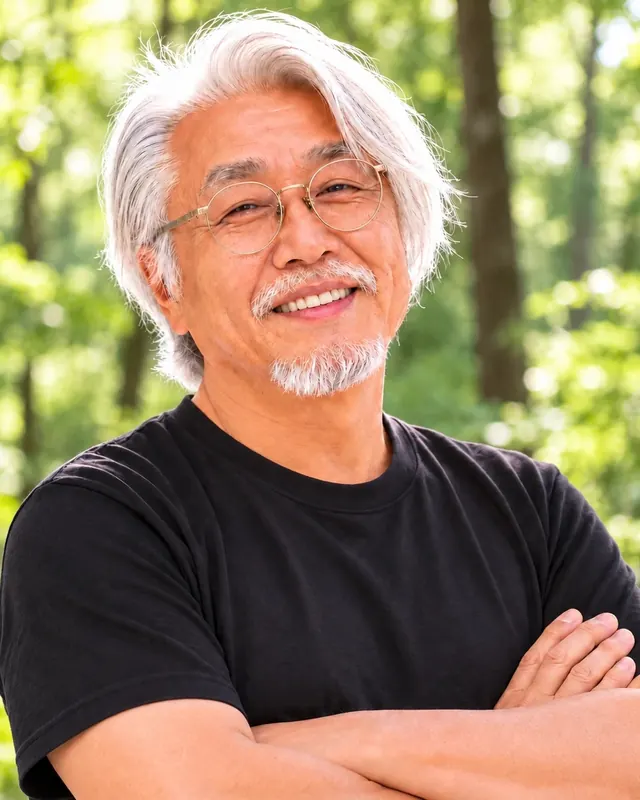 森を背に、腕を組んで立つミロク｜零磁場神殿の案内人（ゼロ磁場ドーム「零の岩戸」）