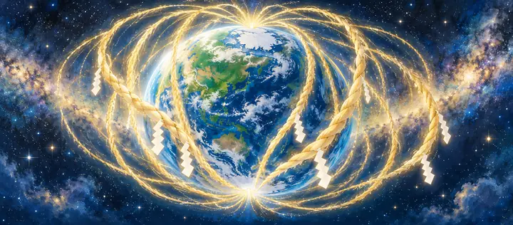 地球をつつむ磁場が、しめ縄のような光の線になっている絵|ゼロ磁場の解説