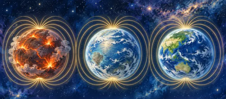 三つの星のまわりに、磁場の線が広がる絵（磁石であり続ける地球）｜ゼロ磁場の解説