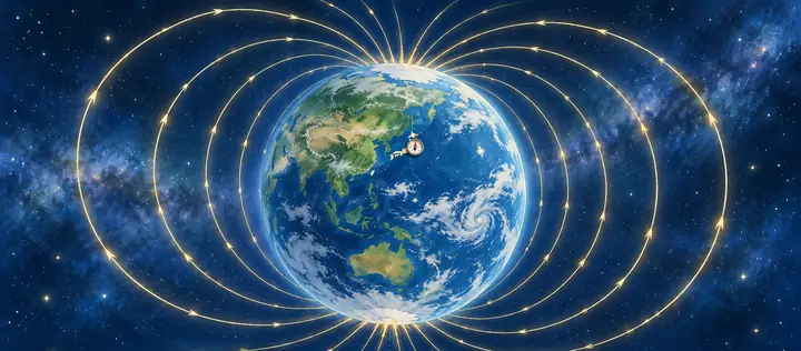 宇宙に浮かぶ地球と、そのまわりをめぐる磁場の線の絵|ゼロ磁場の解説