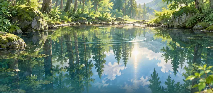 朝の光が映る、静かな森の池の絵|ゼロ磁場の解説