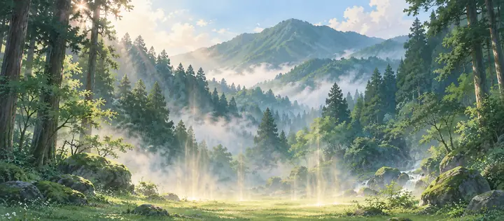 霧の立つ山の森に、光が差し込む絵|ゼロ磁場の解説