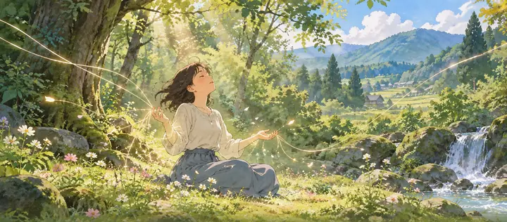 森の中で、光の糸に手をそえて静かに座る人の絵|ゼロ磁場神殿(零磁場神殿)