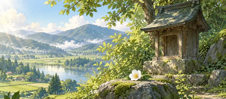 湖を見おろす丘の、小さな祠の絵|ゼロ磁場神殿(零磁場神殿)