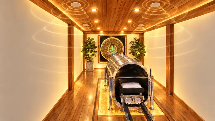 金色の光に照らされた零磁場神殿を足元から見た完成イメージ。奥にグリーンターラのマンダラ、手前に黒いベッドが見える銀色の円筒のゼロ磁場ドーム「零の岩戸」
