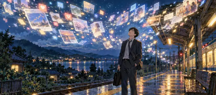 夜の駅のホームで、通知やニュースや写真の画面が空いっぱいに舞うのを、スーツ姿の人が見上げている絵|ゼロ磁場の解説