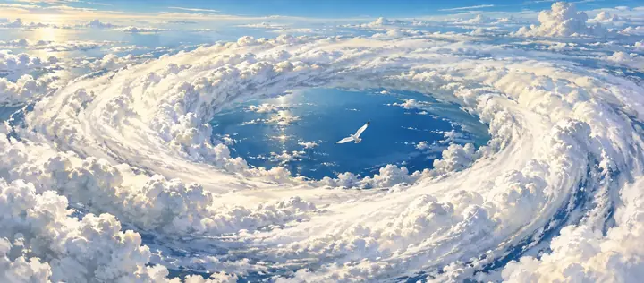 青空の下、渦をまく雲の中心に静かな海がのぞき、白い鳥が一羽飛ぶ、台風の目の絵|ゼロ磁場のたとえ