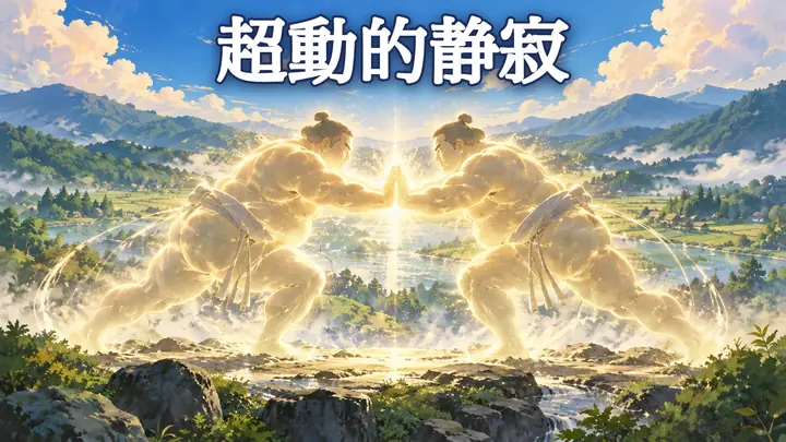 超動的静寂。ふたりの力士が手のひらを合わせて全力で押し合い、光をまとってぴたりと止まっている絵。背景は山あいの里と川|ゼロ磁場のたとえ