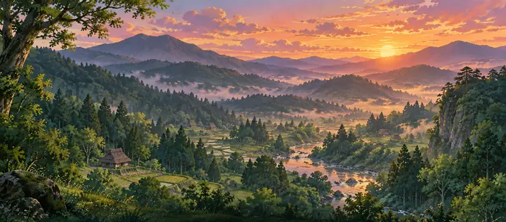 夕焼けが山あいの谷を照らす、はるか昔の里山の絵|昔の人が手を合わせた場所のイメージ。ゼロ磁場と祈りのイメージ