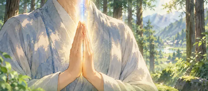 杉木立の中で、胸の前でそっと手を合わせる人の絵|手を合わせる姿。ゼロ磁場と祈りのイメージ