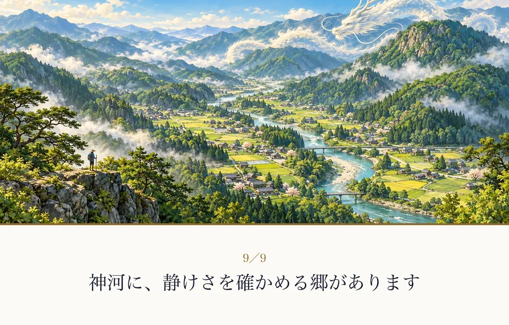 川がゆるやかに流れ、田んぼと家々が広がる、山あいの里を見おろす絵（兵庫県神崎郡神河町のイメージ）｜ゼロ磁場の解説