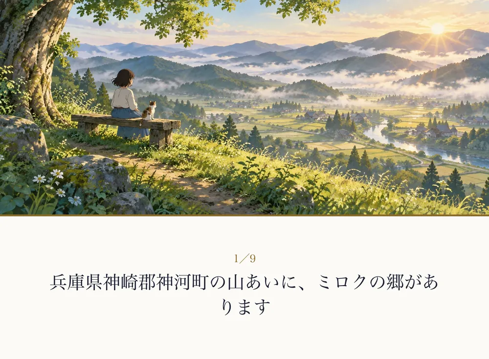 朝の光が差す山あいの里を見おろす丘で、ベンチに座る人の後ろ姿の絵（兵庫県神崎郡神河町のイメージ）｜ゼロ磁場神殿（零磁場神殿）