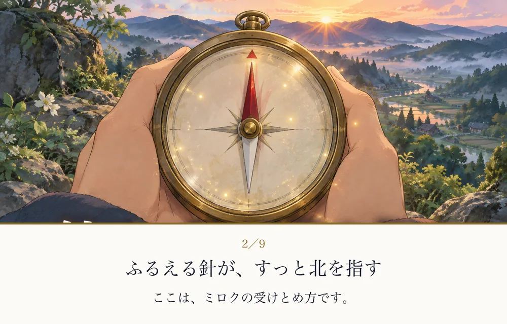 手のひらにのせた方位磁石の針が、北を指して止まっている絵｜ゼロ磁場の紙芝居