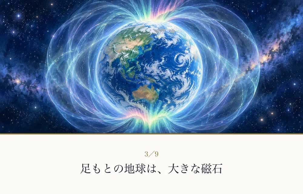 宇宙に浮かぶ地球を、光の線がやさしく包んでいる絵｜ゼロ磁場の解説