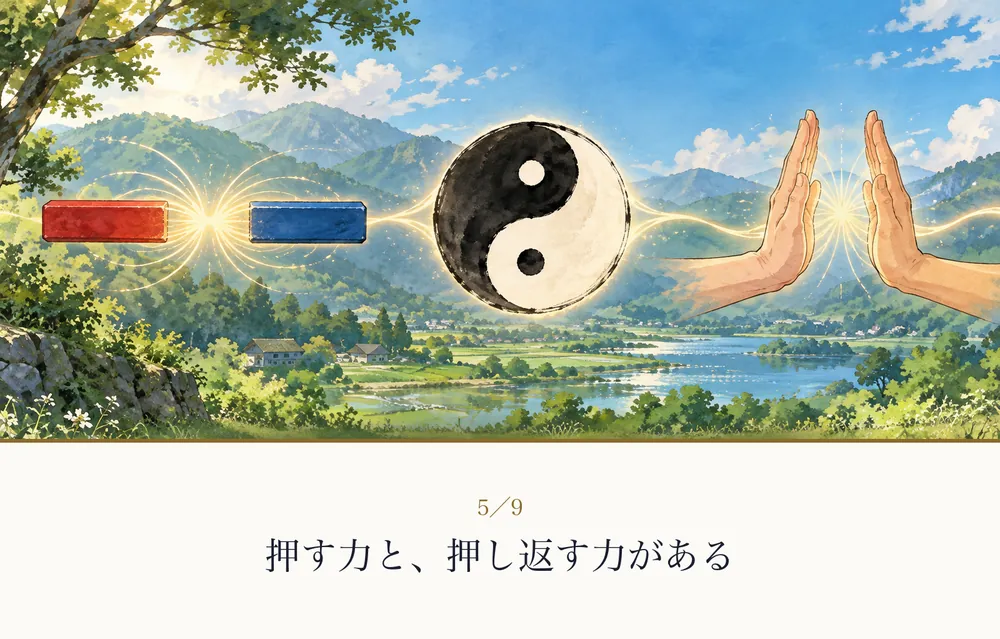 向かい合う磁石と、合わさった二つの手の絵｜ゼロ磁場の紙芝居
