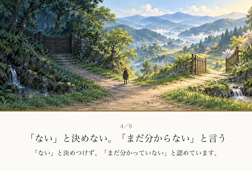 山道の分かれ道。閉じた門と、半分ひらいた木戸の絵｜ゼロ磁場の紙芝居