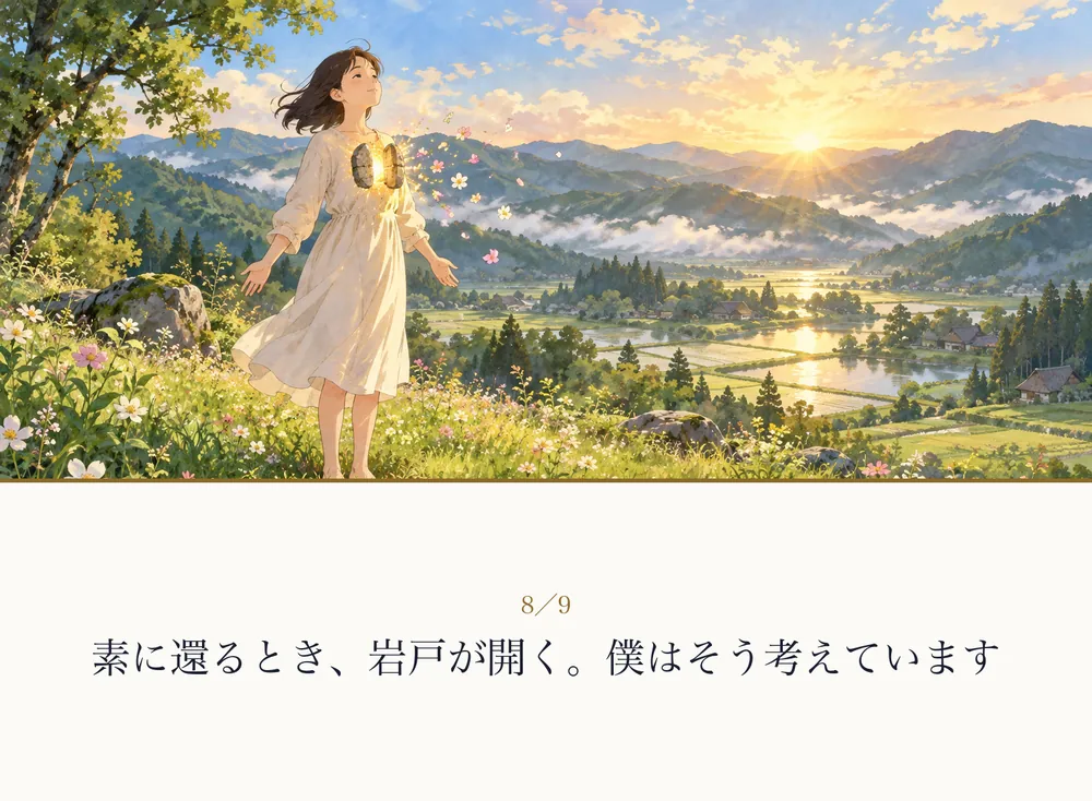 夕べの光の中に立つ、少女の遠景の絵｜ゼロ磁場神殿（零磁場神殿）