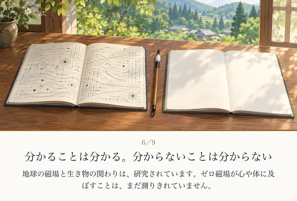 机の上に並んだ、書き込みのある帳面と、白い帳面の絵｜ゼロ磁場の紙芝居