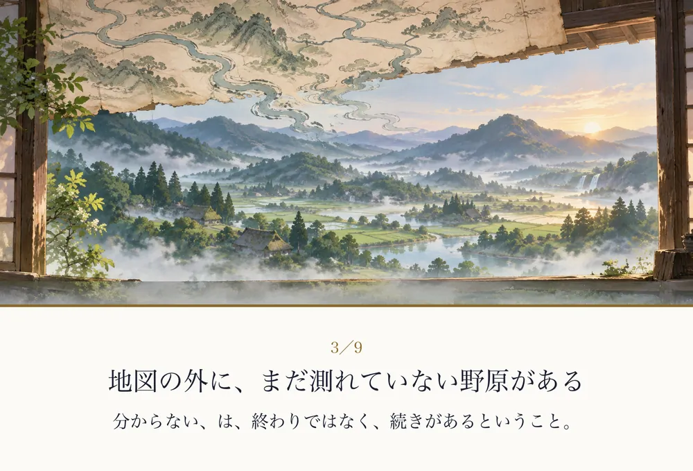 古地図の端が、朝霧の野原へとつながっていく絵｜ゼロ磁場の紙芝居