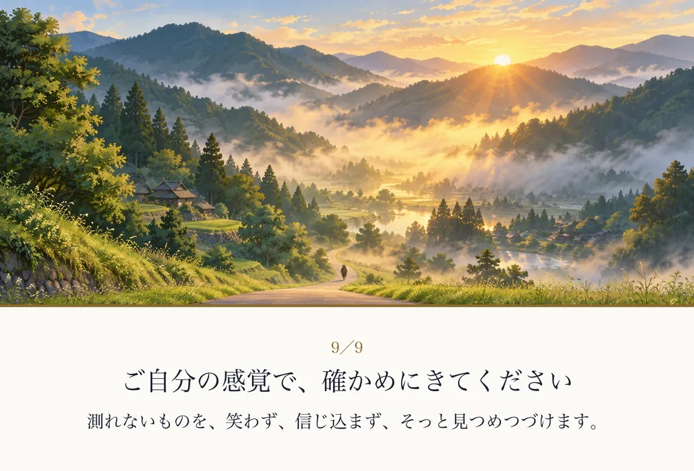朝霧の山あいを、一本の道がのびていく絵｜ゼロ磁場の紙芝居