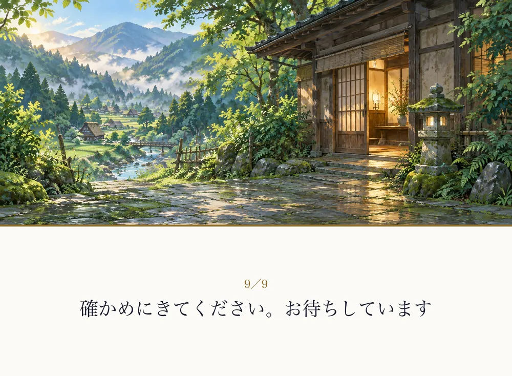 半分開いた引き戸から、金色の光が石畳の小道にあふれている絵｜ゼロ磁場神殿（零磁場神殿）