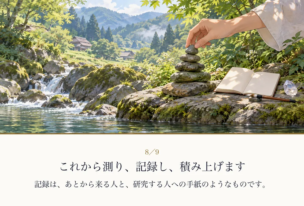 清流のほとりで、石が一つずつ積まれていく絵｜ゼロ磁場の紙芝居