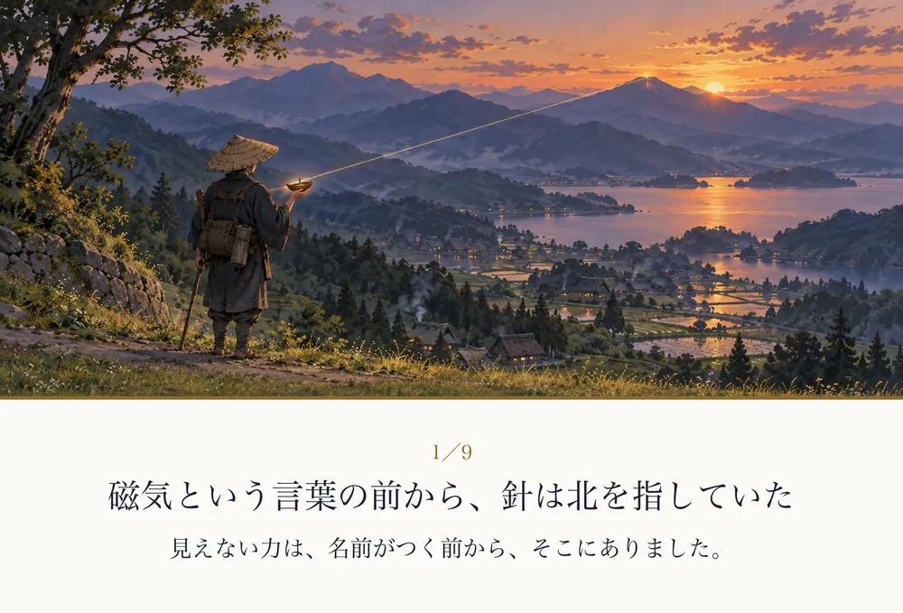 夕暮れの山道で、旅人が手のひらの小さな磁針を見つめている後ろ姿の絵｜ゼロ磁場の紙芝居