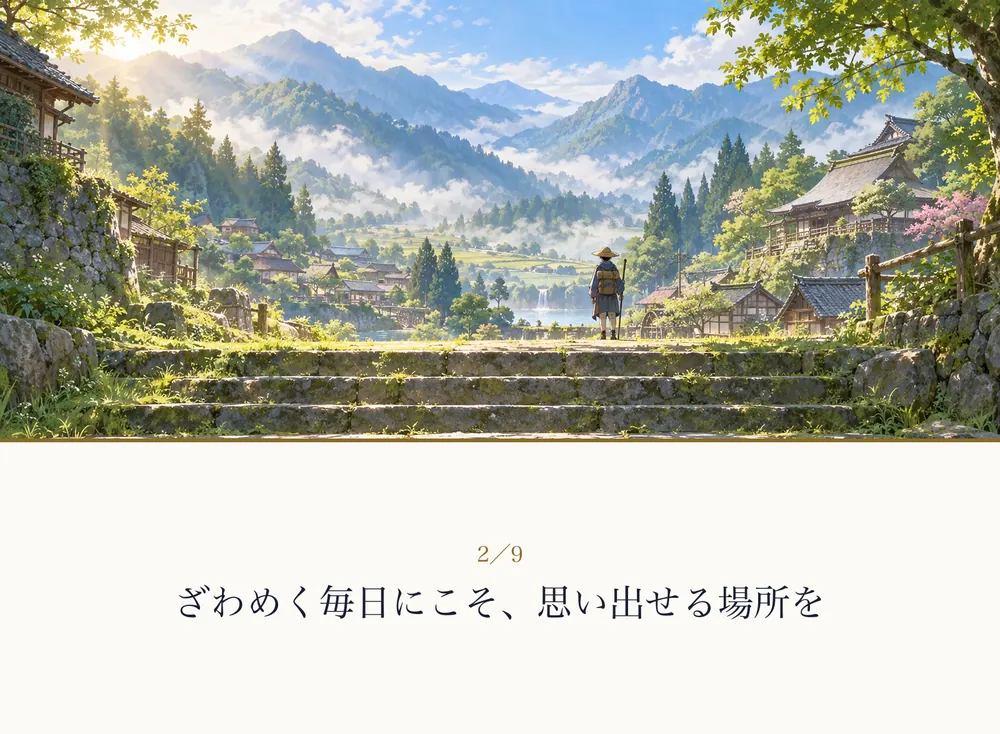 朝霧の山あいの里で、石段の上から景色を眺める旅人の後ろ姿の絵｜ゼロ磁場神殿（零磁場神殿）