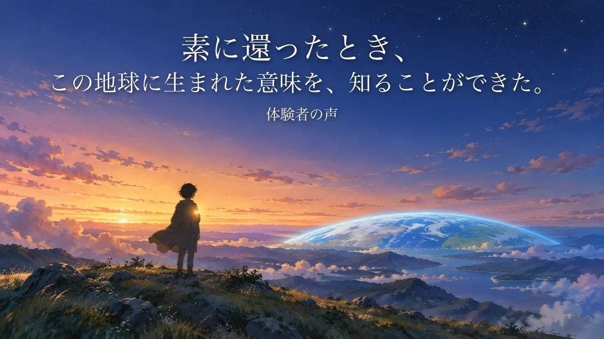 夕暮れから夜へ移る丘の上で、後ろ姿の人が、遠くに青く光る地球を見つめている絵。「素に還ったとき、この地球に生まれた意味を、知ることができた。」(体験者の声)|零の岩戸の体験者の声