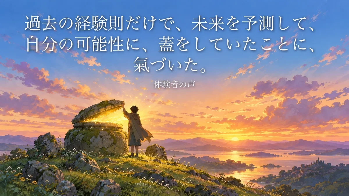 夕暮れの丘の上で、人が古い石の蓋にそっと手をかけると、蓋が持ち上がり、金色の光があふれる絵。「過去の経験則だけで未来を予測して、自分の可能性に蓋をしていたことに氣づいた。」(体験者の声)|零の岩戸の体験者の声