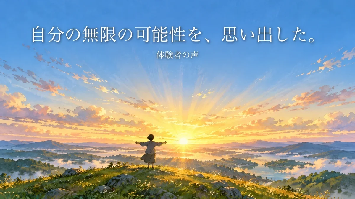 夜明けの丘で、後ろ姿の人が両腕を広げ、のぼる朝日の光が四方八方へ広がる絵。「自分の無限の可能性を、思い出した。」(体験者の声)|零の岩戸の体験者の声