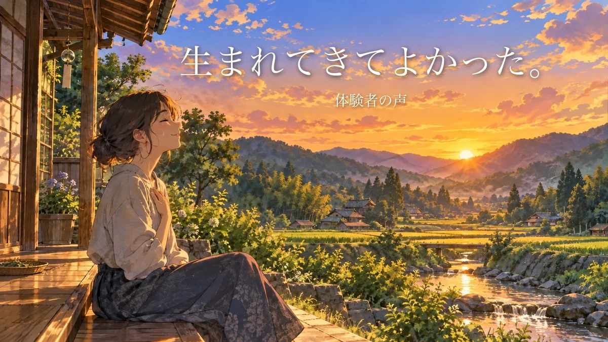 夕暮れの里山の縁側で、目を閉じて胸に手をあて、涙を浮かべて微笑む人の絵（体験者の声のスライド）｜零の岩戸の体験者の声
