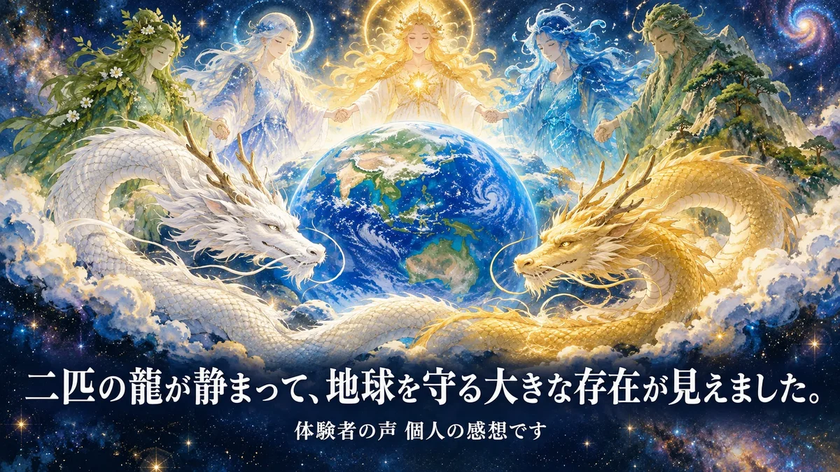 宇宙に浮かぶ地球を、白い龍と金の龍が守り、大地・月・太陽・水・山の存在が手をつないでいる絵(体験者の声のスライド)|零の岩戸の体験者の声