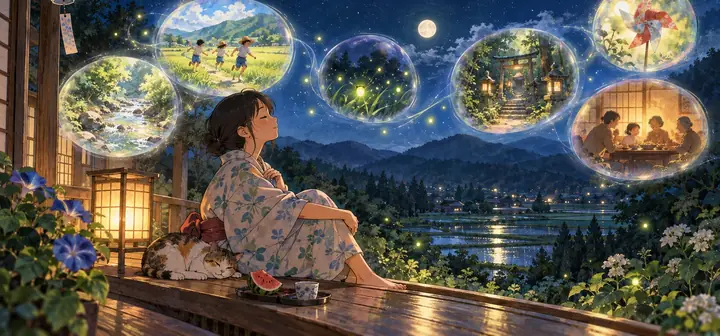 夜の縁側で目を閉じる人のまわりに、思い出の場面を映す光の泡がふわりと浮かぶ絵|誘導瞑想のイメージ。ゼロ磁場神殿(零磁場神殿)