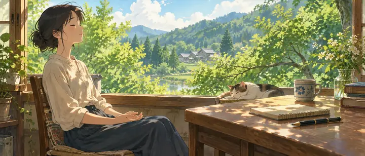 窓辺の椅子で、目を閉じて手をひざに休める人。緑の山里と、机の上で眠る猫の絵|零の岩戸で行う瞑想のイメージ