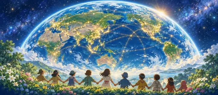 光でつながる地球を前に、手をつないで並ぶ子どもたちの絵|未来の子どもたちへ渡す黄金のバトンのイメージ。ゼロ磁場神殿(零磁場神殿)