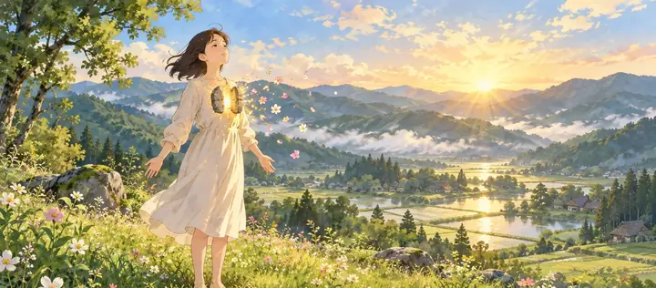 夕日が差す山あいの里で、胸に光る岩戸をひらいて空をあおぐ女性の絵|素に還るとき岩戸が開くイメージ。ゼロ磁場の零の岩戸に重ねた想い