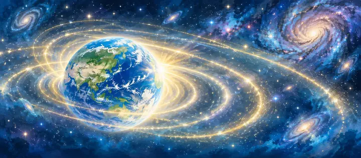 光の輪をまとった地球が、星ぼしの宇宙へ広がっていく絵|ゼロ磁場の神殿から世界へ、静かに広がる想いのイメージ