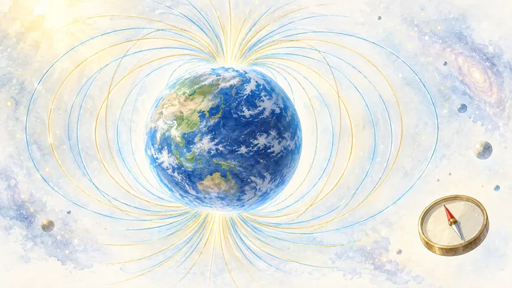 宇宙に浮かぶ地球を、大きな磁石として描いた水彩の絵。北極と南極を結ぶ金色とうす青の磁力線が地球をつつみ、右下の方位磁石の赤い針が北を向いている（ゼロ磁場のもとになる、地球の磁場のイメージ）