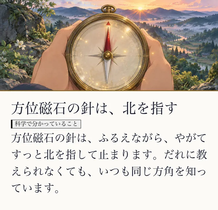 手のひらの方位磁石の針が、光を浴びて、すっと北を指している絵。方位磁石の針は、北を指す。方位磁石の針は、ふるえながら、やがてすっと北を指して止まります。だれに教えられなくても、いつも同じ方角を知っています。(ゼロ磁場のスライド 1/57)