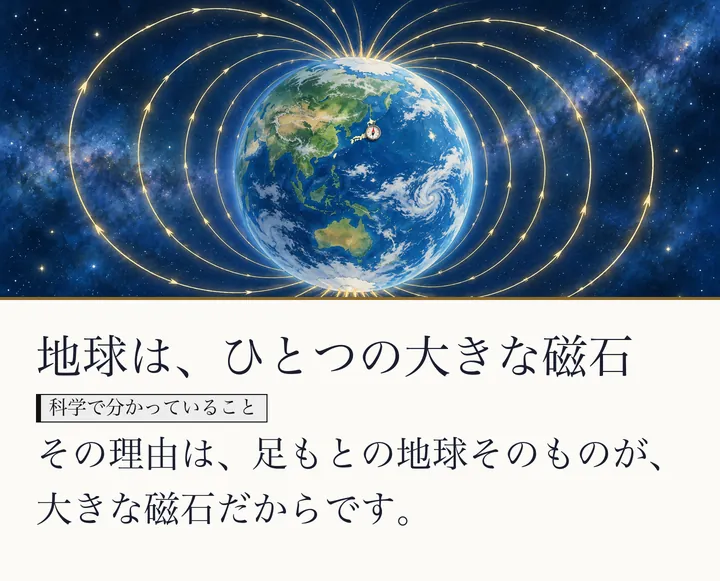宇宙に浮かぶ青い地球を、金色の磁力線がぐるりとつつむ絵|地球の磁場。地球は、ひとつの大きな磁石。その理由は、足もとの地球そのものが、大きな磁石だからです。(ゼロ磁場のスライド 2/57)