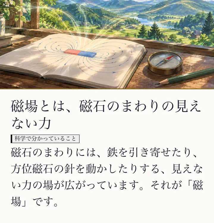 ノートの上に置いた赤と青の棒磁石から磁力線がのび、わきに方位磁石がある絵。磁場とは、磁石のまわりの見えない力。磁石のまわりには、鉄を引き寄せたり、方位磁石の針を動かしたりする、見えない力の場が広がっています。それが「磁場」です。(ゼロ磁場のスライド 3/57)