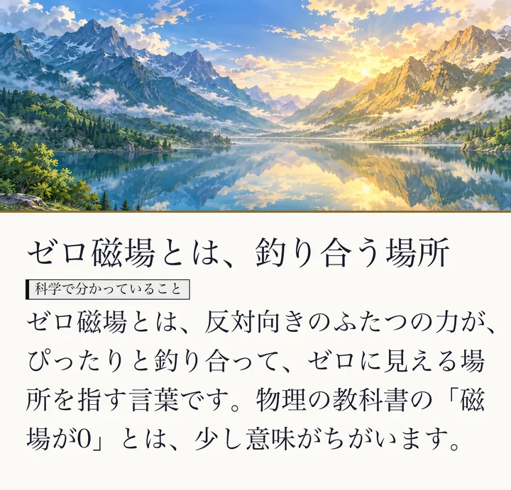 左の山は青く、右の山は金色に染まり、ふたつが静かな湖面に映り合う絵|ゼロ磁場のイメージ。ゼロ磁場とは、釣り合う場所。ゼロ磁場とは、反対向きのふたつの力が、ぴったりと釣り合って、ゼロに見える場所を指す言葉です。物理の教科書の「磁場が0」とは、少し意味がちがいます。