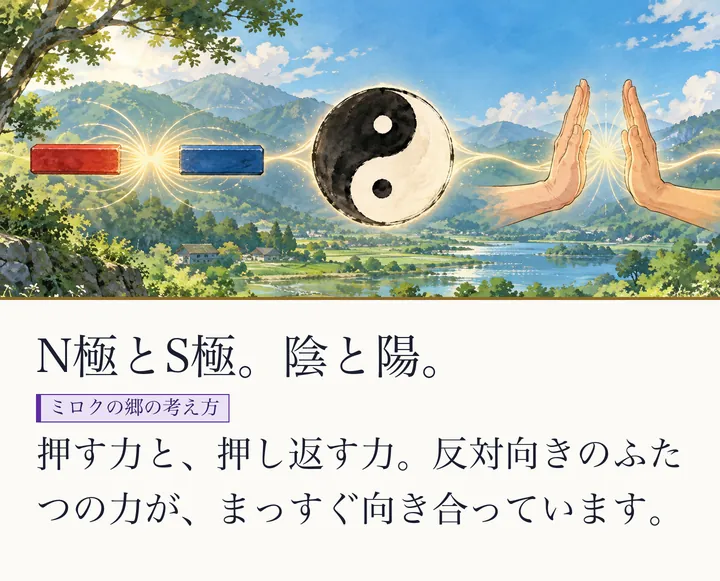 赤と青の棒磁石、陰陽の図、向き合う二つの手のひらが並ぶ絵。N極とS極。陰と陽。。押す力と、押し返す力。反対向きのふたつの力が、まっすぐ向き合っています。(ゼロ磁場のスライド 9/57)
