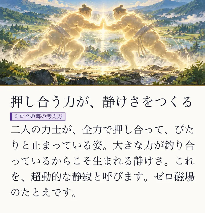 ふたりの力士が手のひらを合わせて全力で押し合い、光をまとってぴたりと止まっている絵。背景は山あいの里と川|超動的な静寂・ゼロ磁場のたとえ。押し合う力が、静けさをつくる。二人の力士が、全力で押し合って、ぴたりと止まっている姿。大きな力が釣り合っているからこそ生まれる静けさ。これを、超動的な静寂と呼びます。ゼロ磁場のたとえです。