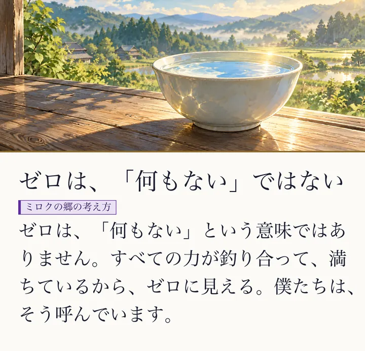 木の台の上で、白い器に水がなみなみと満ち、朝の光にきらめく絵|満ちたゼロのイメージ。ゼロは、「何もない」ではない。ゼロは、「何もない」という意味ではありません。すべての力が釣り合って、満ちているから、ゼロに見える。僕たちは、そう呼んでいます。(ゼロ磁場のスライド 14/57)