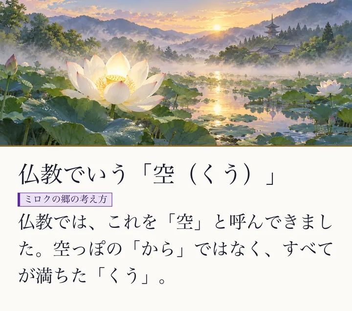 朝霧の池に白い蓮の花がひらき、遠くに塔が見える絵|空(くう)のイメージ。仏教でいう「空(くう)」。仏教では、これを「空」と呼んできました。空っぽの「から」ではなく、すべてが満ちた「くう」。(ゼロ磁場のスライド 15/57)