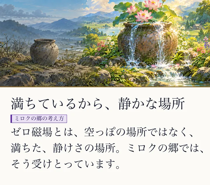 古い壺から水があふれて小さな滝になり、花が咲く里山の絵|満ちた静けさのイメージ。満ちているから、静かな場所。ゼロ磁場とは、空っぽの場所ではなく、満ちた、静けさの場所。ミロクの郷では、そう受けとっています。