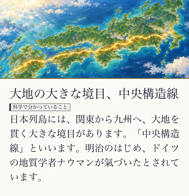 日本列島の地図に、金色の線が関東から九州へ走る絵|中央構造線。大地の大きな境目、中央構造線。日本列島には、関東から九州へ、大地を貫く大きな境目があります。「中央構造線」といいます。明治のはじめ、ドイツの地質学者ナウマンが氣づいたとされています。(ゼロ磁場のスライド 18/57)