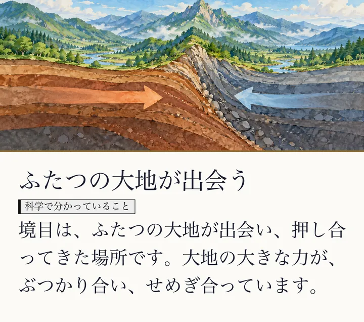 地層が左右から押し合い、二つの矢印がぶつかる断面の絵|中央構造線のイメージ。ふたつの大地が出会う。境目は、ふたつの大地が出会い、押し合ってきた場所です。大地の大きな力が、ぶつかり合い、せめぎ合っています。(ゼロ磁場のスライド 19/57)